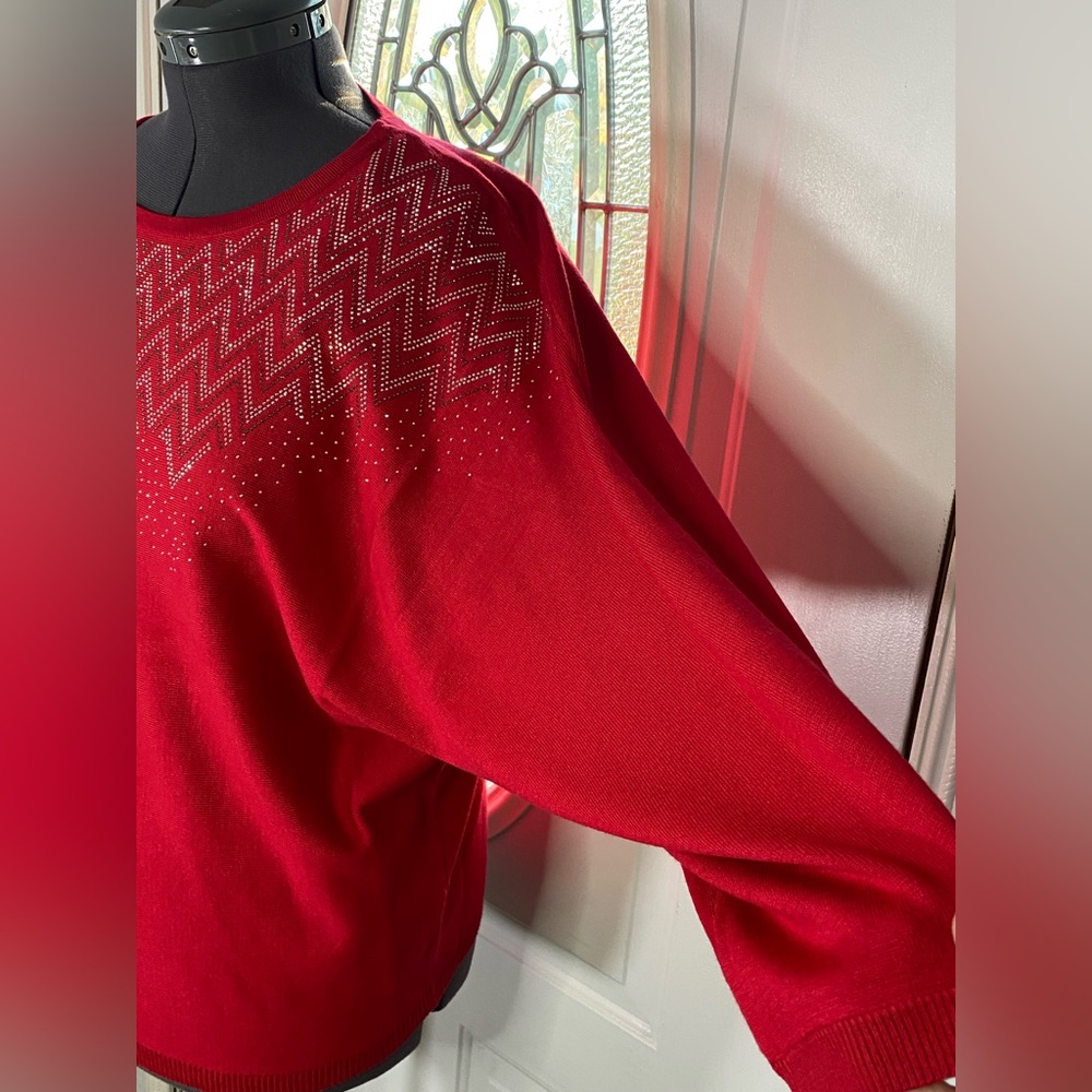 Ashley Stewart Red Barbados Silver Crystal EmbellSweater Size 14/16 NWT - Picture 5 of 7